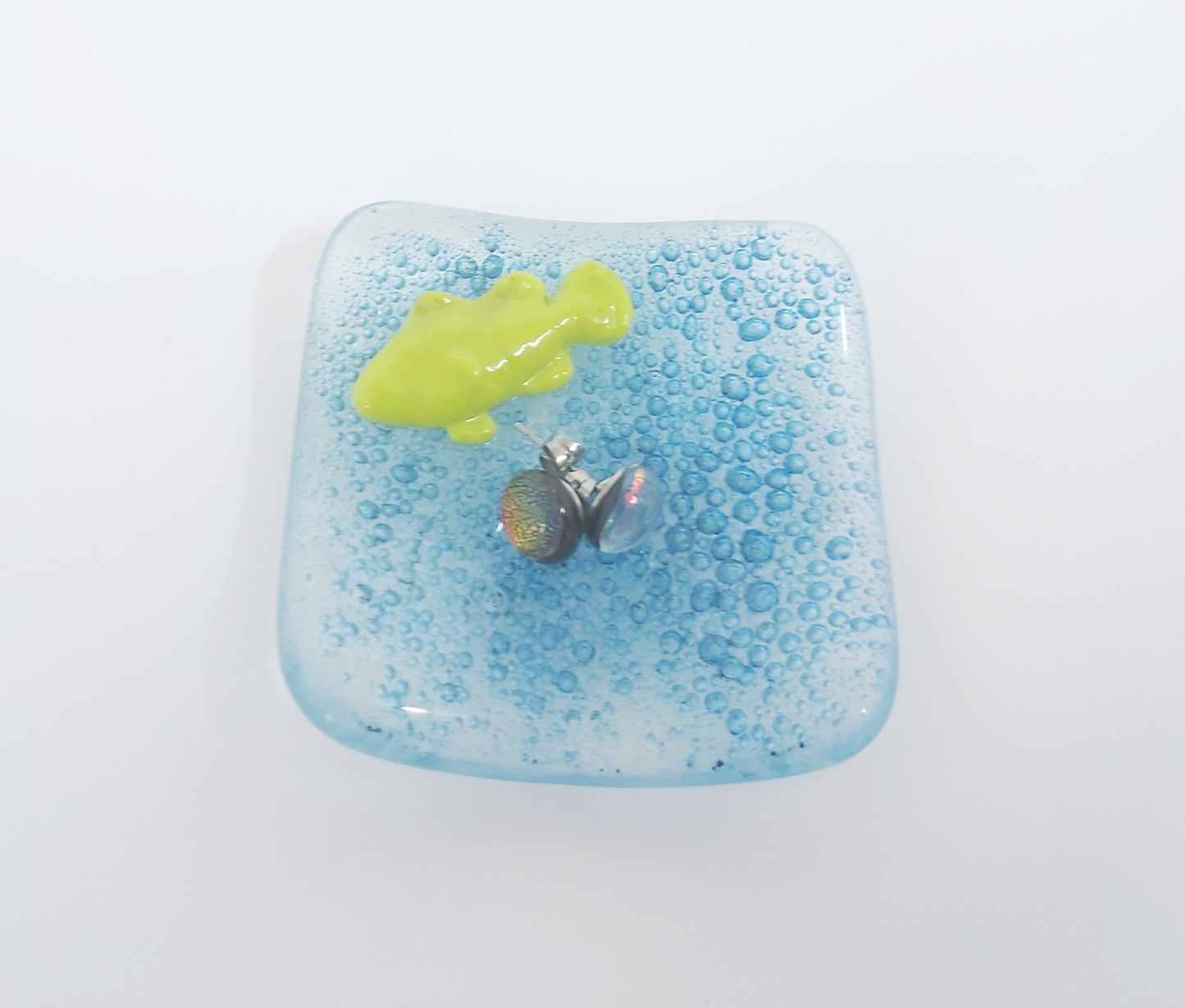 Handmade glass trinket dish - Blue bubbles with fish