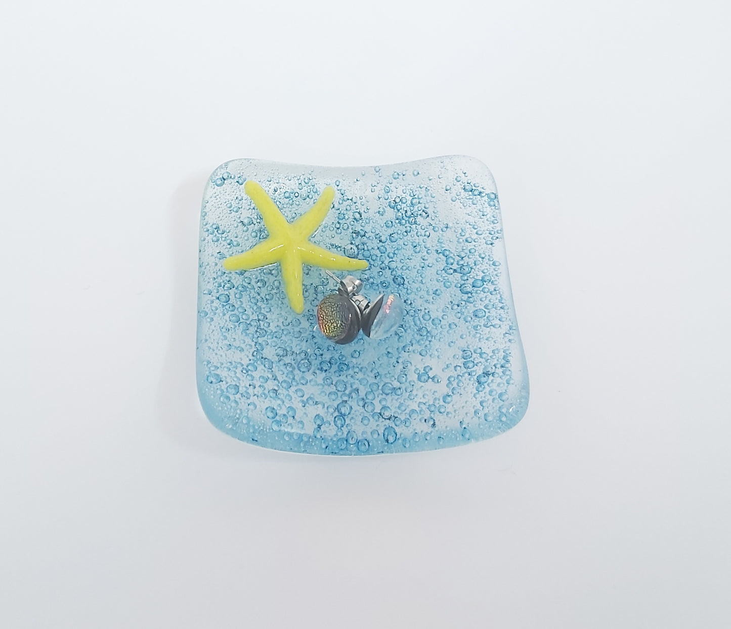 Handmade Glass Trinket Dish - Blue Bubbles with Starfish