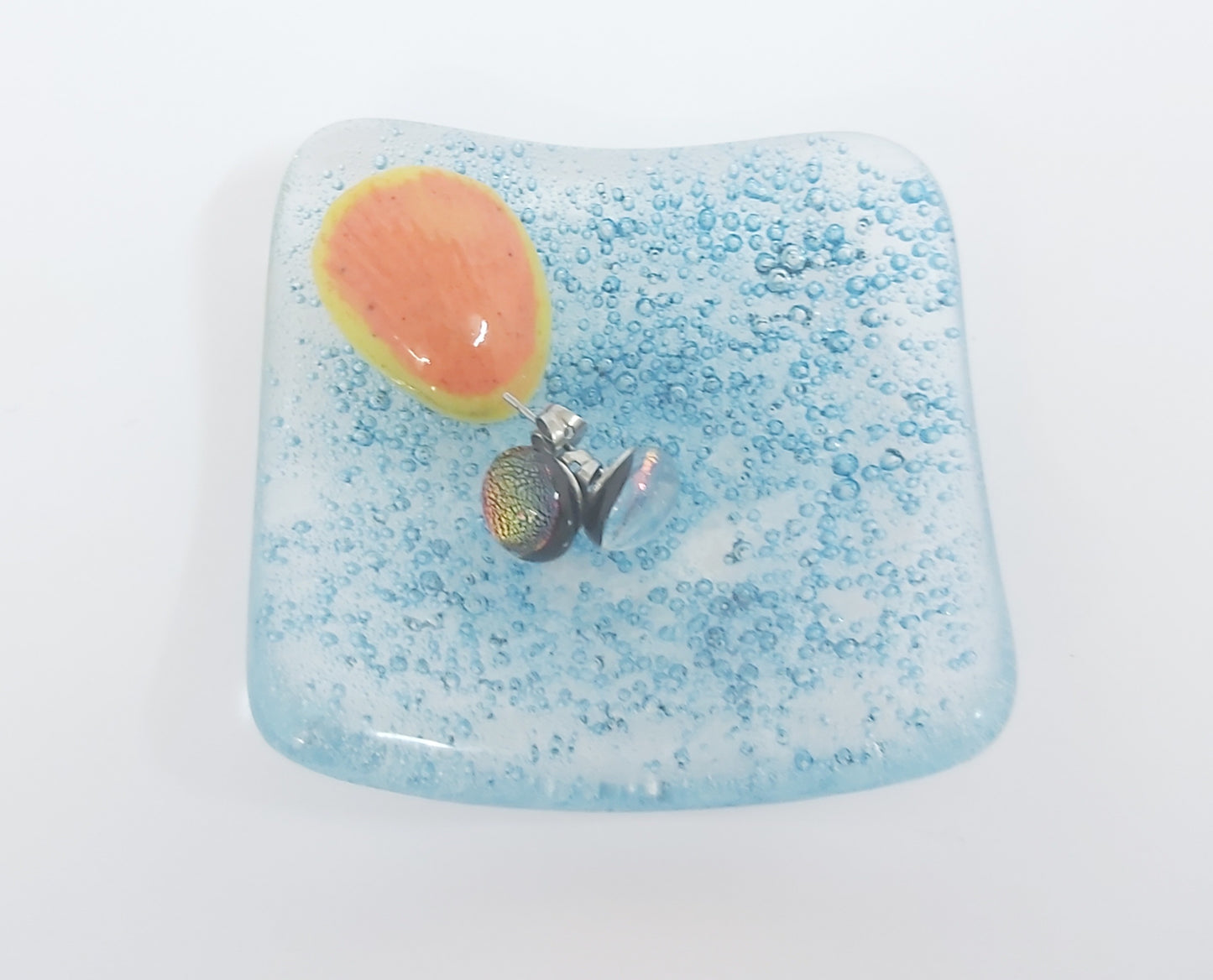 Handmade Glass Trinket Dish - Blue Bubbles with a Seashell