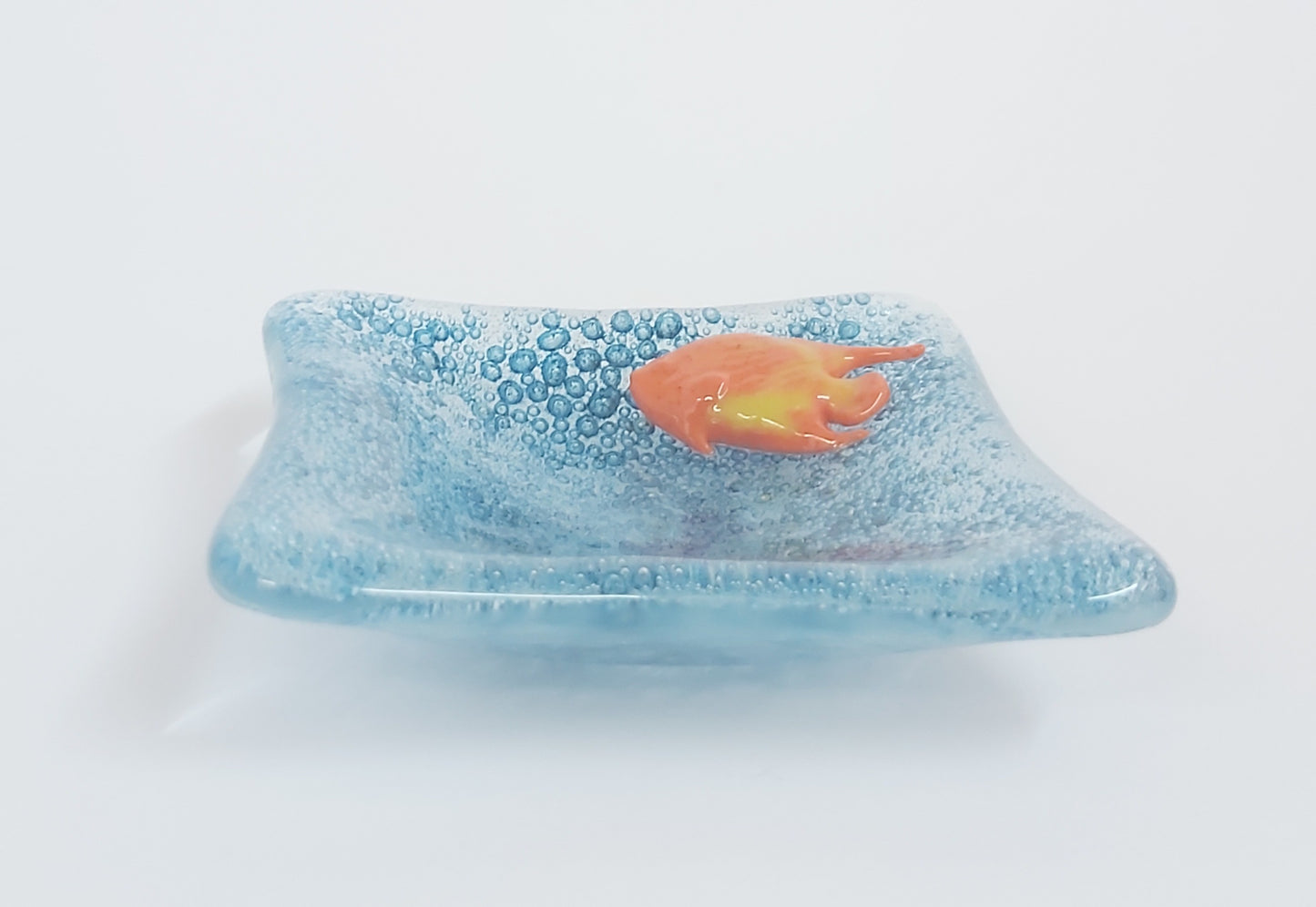 Handmade Glass Trinket Dish - Blue Bubbles with a Angelfish