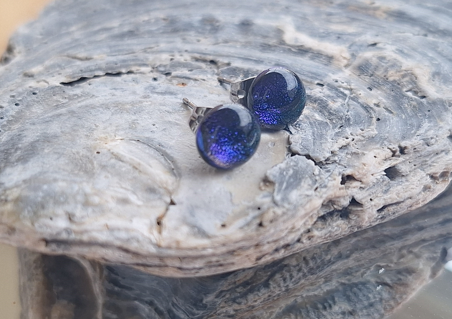 Handmade Dichroic Glass Earrings-Crumpled Blue E11