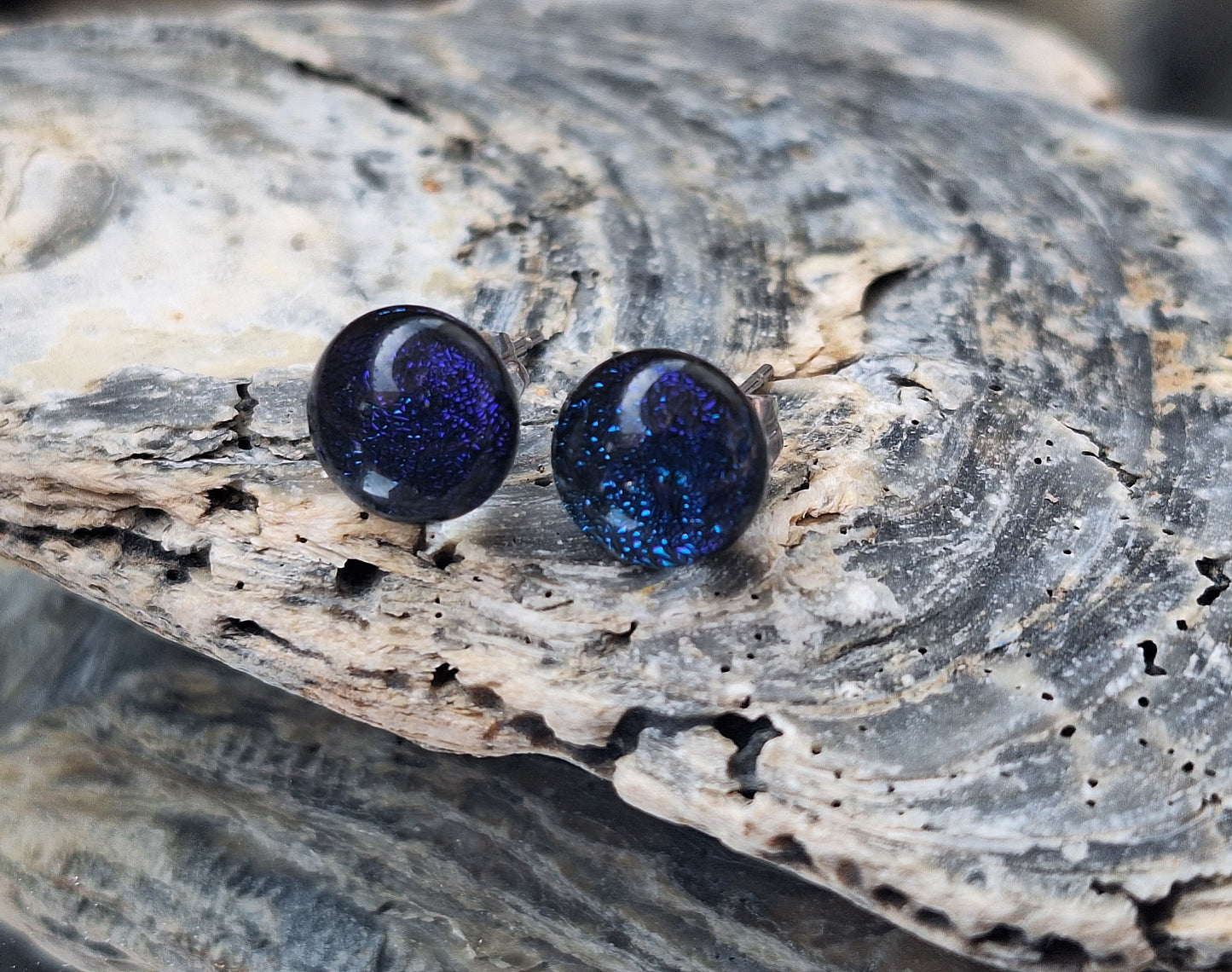 Handmade Dichroic Glass Earrings-Crumpled Blue E11
