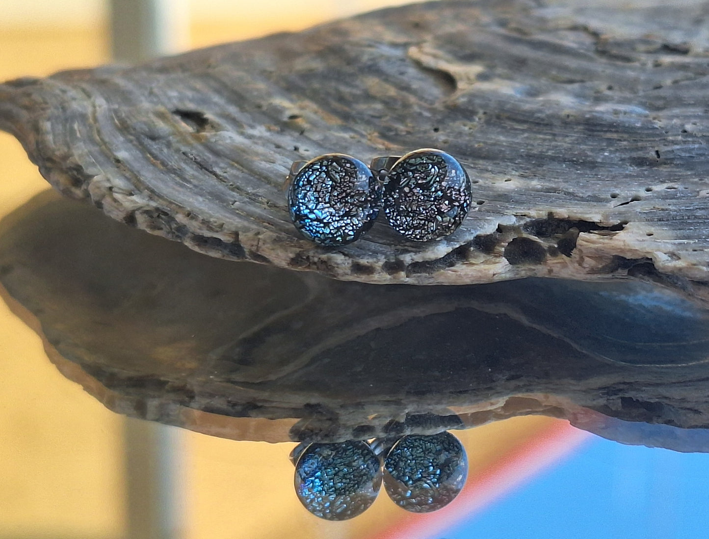 Handmade Dichroic Glass Earrings-Crumpled Silver E01