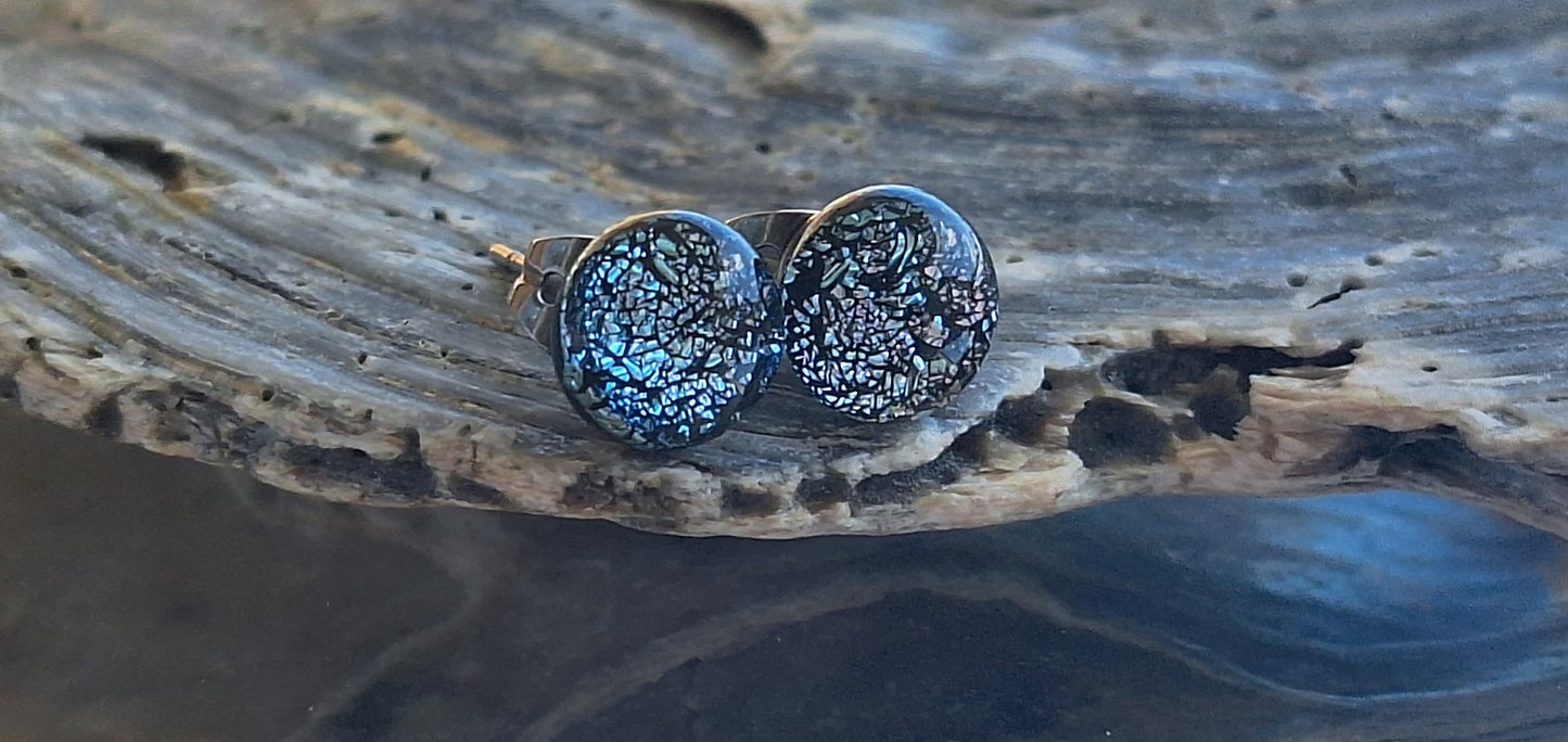 Handmade Dichroic Glass Earrings-Crumpled Silver E01